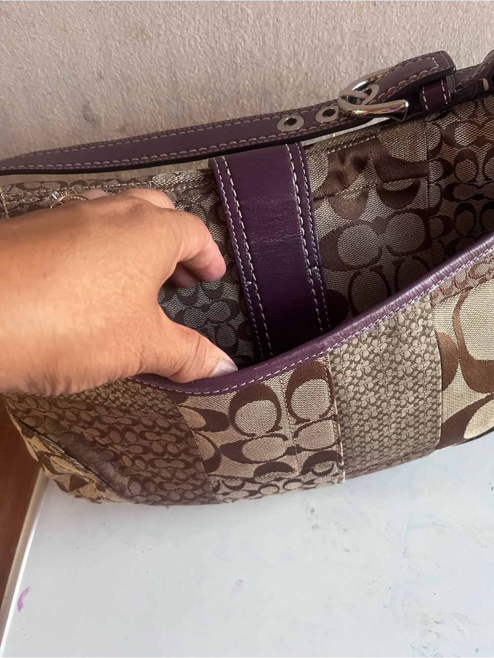 Coach Brown Signature Patchwork Shoulder Bag with Purple Trim - Picture 7 of 12
